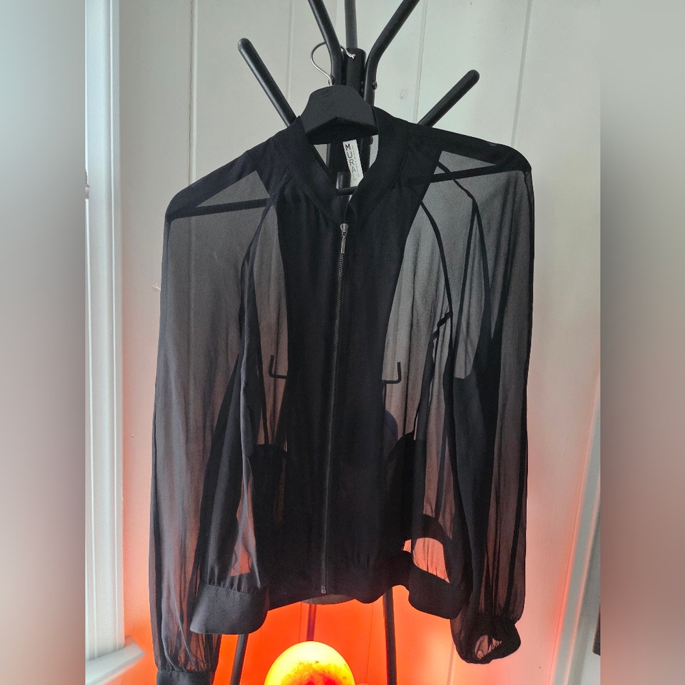 Mural Black 100% Silk Sheer Bomber Blouse